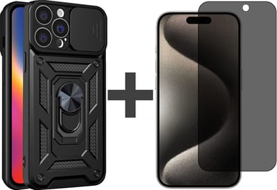 Hoesje met Privacy screenprotector Geschikt voor iPhone 15 Pro met Ringhouder en Camera schuifje - Arara backcover - Zwart