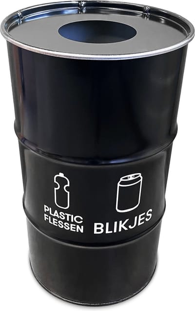 BinBin Duo - Prullenbak Afvalscheiding - Zwart Metaal - Ø48x82 cm - 120L - Gatdeksel Blikjes & Flessen - Horeca Afvalbak