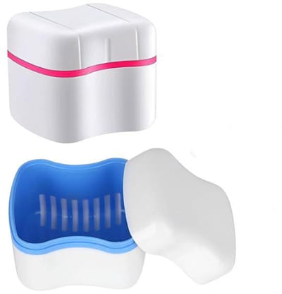Gebittenbakje - 2 stuks - Kunstgebit Opbergdoos - PP - Prothesebox met beugelreinigingsbaden - Bewaardoos Kunstgebit - Kunstgebitreiniging - Voor prothese - Beugel - Kunstgebit - 7.5*8cm - Blauw, roze