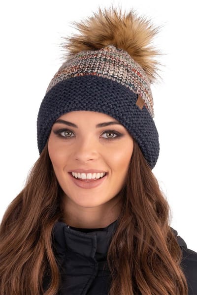 Vivisence Dames Wintermuts pompon - Donkerblauw - Wolmix - Fleecevoering - Antistatisch