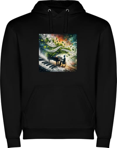 Zwarte unisex hoodie met “ Kleurrijke Piano – Muziekinstrument – Vrolijk – Muziek “ Print Full Color merk Roly maat M