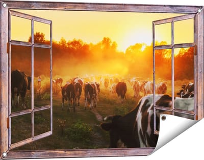 Gards Tuinposter Doorkijk Kudde Koeien in Weiland bij Zonsondergang - 90x60 cm - Tuindoek - Tuindecoratie - Wanddecoratie buiten - Tuinschilderij