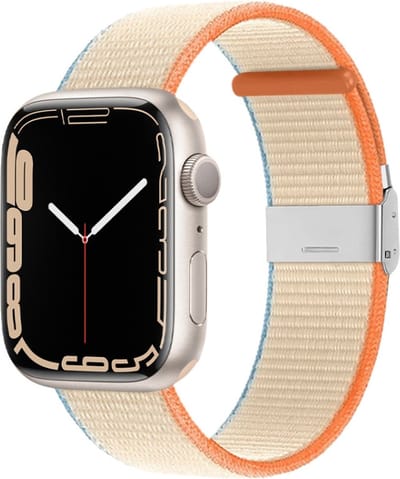 Nylon bandje - geschikt voor Apple Watches 1/2/3/4/5/6/7/8/9/SE/SE 2 met case size 38 mm / 40 mm / 41 mm en Watch 10 (42 mm) - gebroken wit-oranje