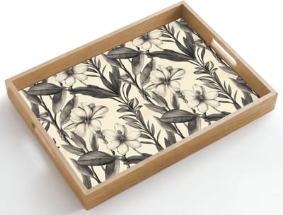 Dienblad hout 50x35 cm - Schootdienblad - Klassiek - Botanisch - Zwart - Beige - Borrelplank rechthoek - Plateau dienbladen