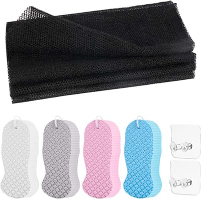 1 Stuk Afrikaanse Net Spons en 4 Douche Sponzen met 2 Hechthaken, Peeling Spons voor Lichaam, Rugschrobber en Herbruikbare Badaccessoires voor Volwassenen en Kinderen