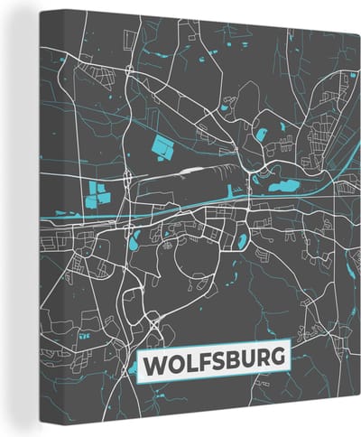 Canvas Schilderij Blauw – Duitsland – Plattegrond – Stadskaart – Kaart – Wolfsburg - 20x20 cm - Wanddecoratie