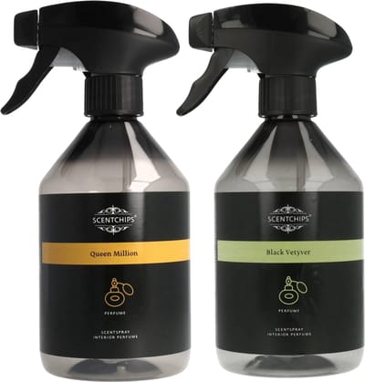 Scentchips Queen Million + Black Vetyver Interieurspray Set - Roomspray – Huisparfum – Huisspray – Geurspray – Set van 2 - 500ML