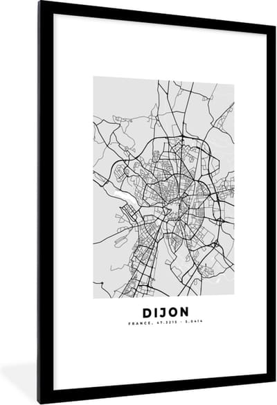 Fotolijst incl. Poster - Plattegrond - Kaart - Stadskaart - Frankrijk - Dijon - 80x120 cm - Posterlijst