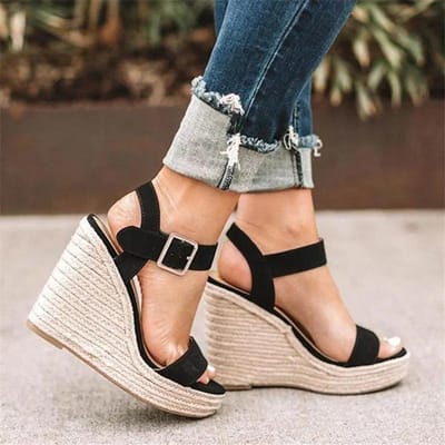 Zomer Platform Sandalen Dames Peep Toe Hoge Sleehak Enkelgespen Sandalia Espadrilles Dames Sandalen Schoenen 37 black