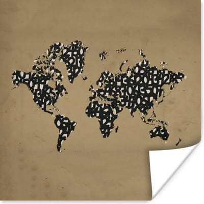 Poster 30x30 cm - Wereldkaart - Cijfers - Zwart - Posters - Kamer decoratie - Wanddecoratie woonkamer - Muurdecoratie slaapkamer