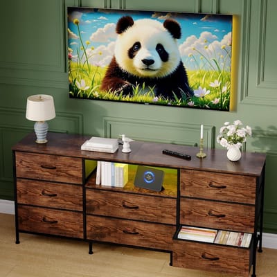Tv-meubel voor tv's tot 63 inch-dressoir voor slaapkamer en woonkamer-8 lades en een plank- metalen frame-en ledstripverlichting-bruin