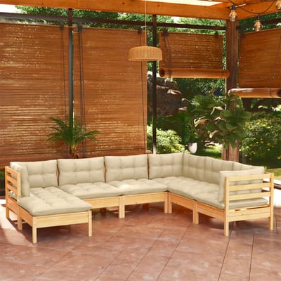 vidaXL - 7-delige - Loungeset - met - crèmekleurige - kussens - massief - grenenhout