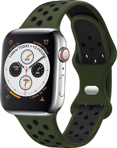 Strap-it Classic Sportbandje - Geschikt voor Apple Watch bandje - Series 1/2/3/4/5/6/7/8/9/10/11/SE/SE2/SE3 - Olijfgroen/Zwart - Siliconen bandje sport - Sport Loop iWatch bandje maat: 38 / 40 / 41 / 42mm