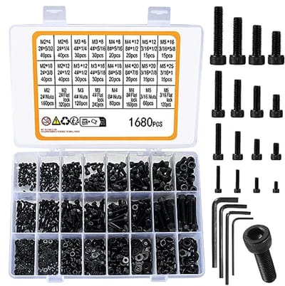 1680 Stuk Metric Hex Bolt Set - M2 - M3 - M4 - M5 - Moeren en Ringen - Zwarte Machine Schroef Set - Allen Schroeven - Bevestigingsmaterialen