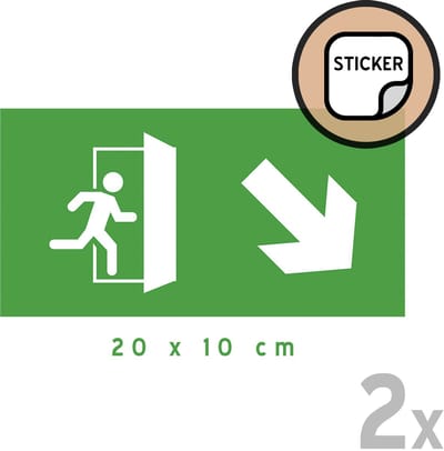 Pictogram/ stickers (2x) | 20 x 10 cm | Nooduitgang - Pijl naar rechtsonder | Zelfklever | Noodgeval | Brandweg | Noodsituatie | Nooddeur | Brandweer | Wettelijk verplicht | Universeel | Sticker | 2 stuks