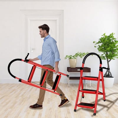 Trapladder Staal - Opvouwbare Ladder - Klusjes in Huis - Antislip Treden - 3 Treden - Rood