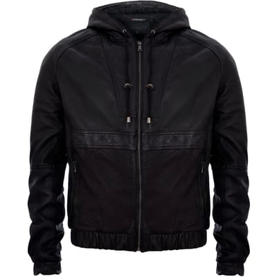 Leren bomber-bikerjack met rits en capuchon