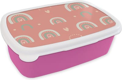 Broodtrommel Roze - Lunchbox - Brooddoos - Meisjes - Regenboog - Hartjes - Patronen - Girl - Roze - Kinderen - Kind - 18x12x6 cm - Kinderen - Meisje