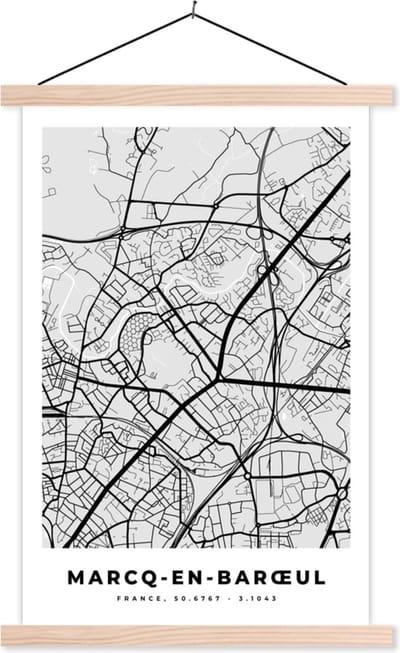 Posterhanger incl. Poster 40x60 cm - Schoolplaat - Plattegrond – Marcq-en-Barœul – Stadskaart – Kaart – Frankrijk - Textielposter - Blanke latten - Stadskaart