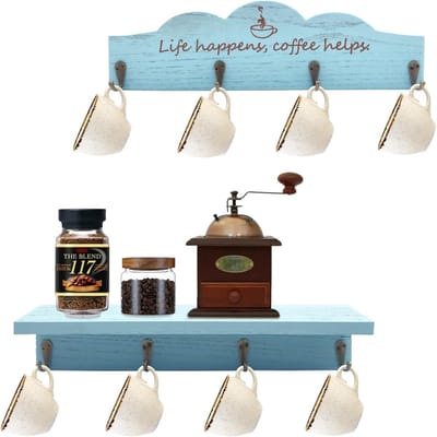 Famanu – Wandgemonteerde koffiekophouder set van 2 – Houten rek met 8 haken – Blauw