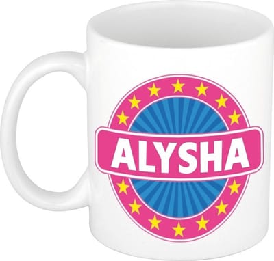 Bellatio Decorations - Alysha voornaam - koffiemok - beker - wit/roze - 300 ml - Cadeau - Dames - Collega - Moederdag - Verjaardag