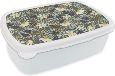 Broodtrommel Wit - Lunchbox - Brooddoos - Bloemen - Patroon - Madelief - 18x12x6 cm - Volwassenen
