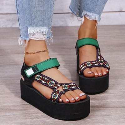 Trends Damessandalen Zomer Nieuw Plat Britse Wind Klittenband Borduurwerk Dikke Zool Casual Romeins Designer Schoenen Platform Sandalen 37 groen
