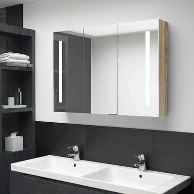 vidaXL - Badkamerkast - met - spiegel - en - LED - 89x14x62 - cm - wit - en - eikenkleurig