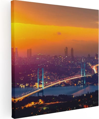 Artaza Canvas Schilderij Skyline - 30x30 cm - Klein - Wanddecoratie Zonsondergang - Muurdecoratie Stad - Kamer Accessoires Istanbul