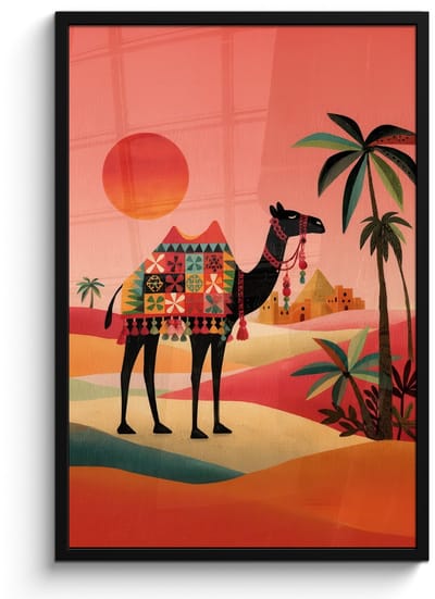 Poster in lijst - Fotolijst 60x90 cm - Posters - Kameel - Gekleurd tapijt - Duinen - Rode zon - Posterlijst zwart - Decoratie - Wanddecoratie woonkamer - Muurdecoratie slaapkamer