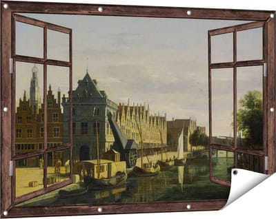 Gards Tuinposter Doorkijk De Waag en de Kraan aan het Spaarne te Haarlem - Gerrit Adriaensz Berckheyde - 120x80 cm - Tuindoek - Tuindecoratie - Wanddecoratie buiten - Tuinschilderij
