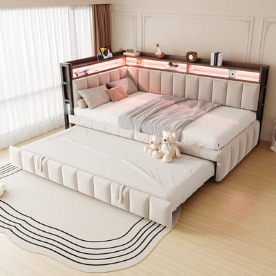 MODENUIT Slaapbank 90x200 cm – Zonder matras – Uitschuifbaar met slaapplaats – LED, USB en opbergvakken – Fluweel – Beige