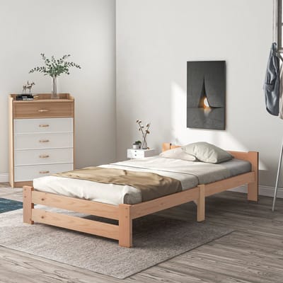 DESMIU Massief Houten Bed 90x200cm – Eenvoudig Eenpersoonsbed Met Comfortabele Hoogte En Stabiele Constructie – Zonder Matras – Naturel