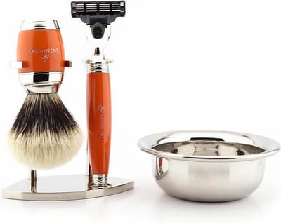 Handgemaakte scheerset voor heren met scheermes met 3 snijkanten, scheerkwast met zilveren punt, scheerstandaard en scheergeschenkset met kom