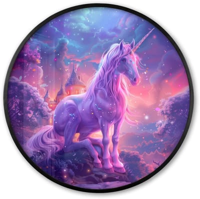 Poster in lijst Rond - Fotolijst 60x60 cm - Posters - Eenhoorn - Fantasy - Kasteel - Meisje - Paars - Roze - Ronde posterlijst zwart - Decoratie - Wanddecoratie woonkamer - Muurdecoratie slaapkamer