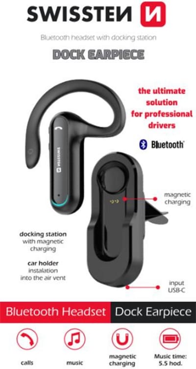 Swissten 51204000 Bluetooth Earpiece Headset – Draadloze Oortelefoon met Oplaad Dock – Handsfree Bellen – Zwart