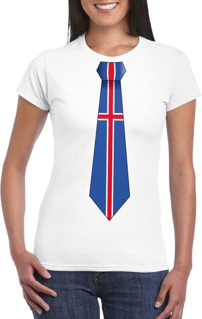 Wit t-shirt met IJslandse vlag stropdas dames - IJsland supporter S