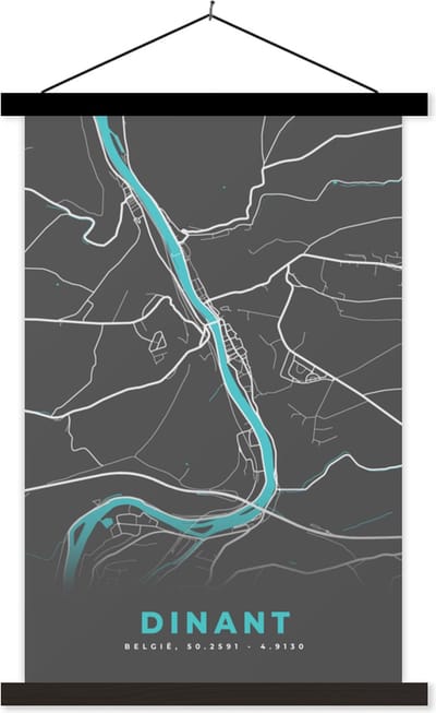 Posterhanger incl. Poster 40x60 cm - Schoolplaat - Plattegrond – Dinant – Blauw – Stadskaart - Kaart - Textielposter - Zwarte latten - Stadskaart