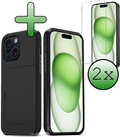 Hoes Geschikt voor iPhone 15 Hoesje Hard Case Met Pas Houder Met 2x Screenprotector - Hoesje Geschikt voor iPhone 15 Hoes Shockproof Hard Cover Met Kaarthouder - Zwart