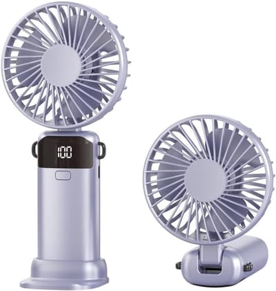 Ventilator - Handventilator - Mini ventilator - Handventilator oplaadbaar - Draagbare handventilator - Met USB-oplaadbare - 5 snelheden - Op batterijen werkende - Met LED-display en voet - Voor thuis - Kantoor - School - Reizen en buiten - Paars