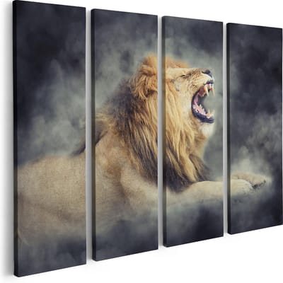 Artaza Canvas Schilderij Vierluik Brullende Leeuw - 80x60 - Foto Op Canvas - Canvas Print
