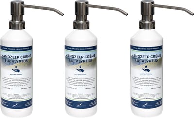 Handzeep Crème Eucalyptus 500 ml - set van 3 stuks - met gratis RVS zilverkleurige pomp - Voordeelverpakking