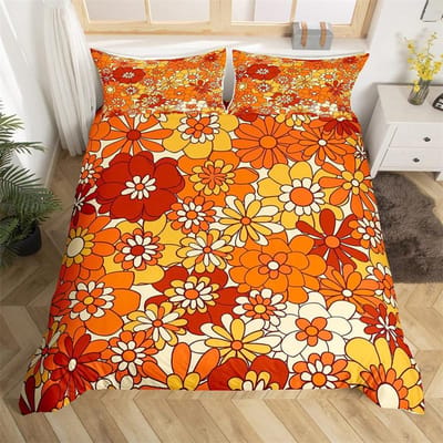 Retro jaren 70 Hippie Stijl Dekbedovertrek Queen Microfiber Psychedelisch Paddenstoelen Beddengoed Set Kamer Decoratie Cadeaus Regenboog Bloemen Dekbedovertrek 150*200cm 3pcs