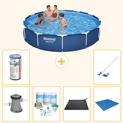 Bestway Rond Steel Pro Zwembad - 366 x 76 cm - Blauw - Inclusief Pomp - Onderhoudspakket - Solar Mat - Grondzeil - Filter - Stofzuiger - 7-delig