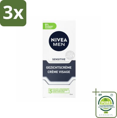 3 x NIVEA MEN - Sensitive - Dagcrème Gezicht - 75 ml - Grootverpakking - Gevoelige Huid - Gezichtscrème - Huidverzorging - Kamille - Vitamine E