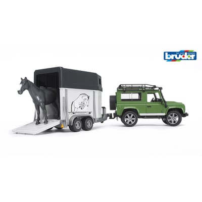 Bruder Land Rover Defender Station Wagon with horse trailer and horse toy