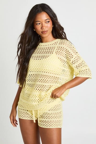 boohoo Dames Strand Gehaakte Oversized Gebreide Top En Korte Broek Set | Citroen | Maat: Medium