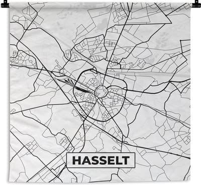 Wandkleed - Wanddoek - België – Hasselt – Stadskaart – Kaart – Zwart Wit – Plattegrond - 180x180 cm - Wandtapijt