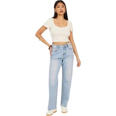 Brave Soul Crop-T-shirt voor dames met knoopjes en een golvende zoom (Crème)