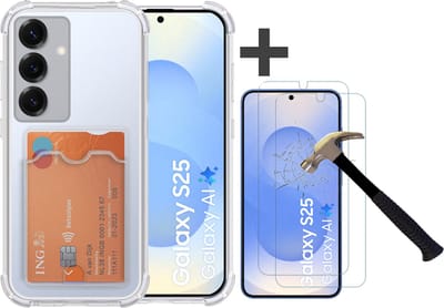 Hoesje met 2 Stuks Screenprotectors Geschikt voor Samsung Galaxy S25 Hoesje Met Pashouder Siliconen Shockproof Case - Arara Backcover- Transparant